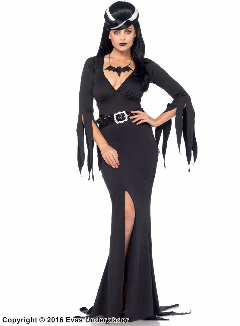 Morticia from The Addams Family, costume dress, high slit, belt, tattered sleeves